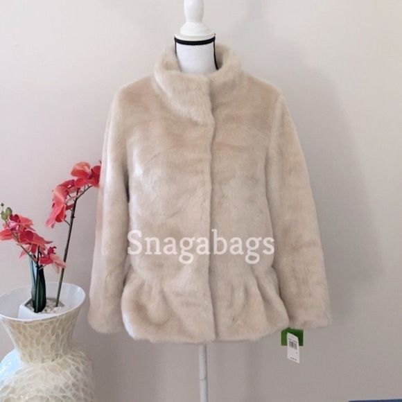 KATE SPADE NWT CHAMPAGNE 24” FAUX FUR COAT JACKET SIZE MEDIUM
